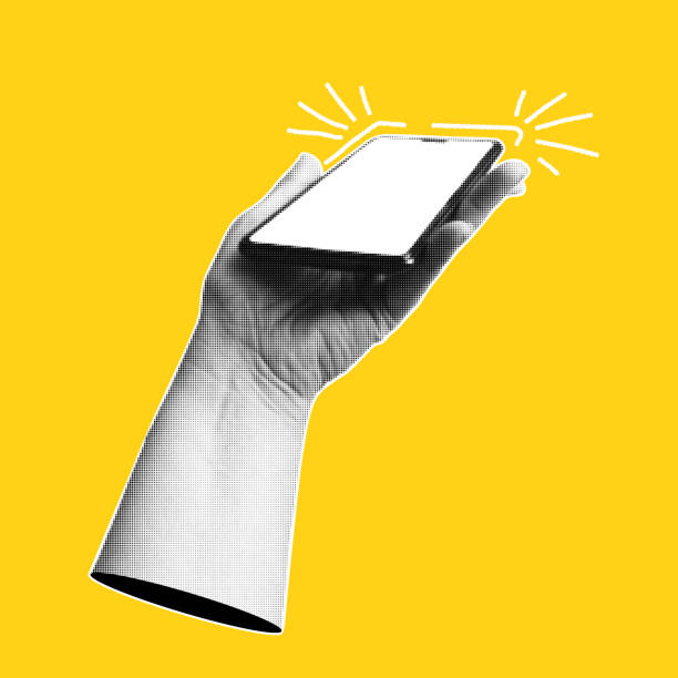 istock Collage with hand holding smartphone. Trendy banner with  human palms and mobile phone. Modern pop art with halftone effects. Vector  illustration. 2199960873