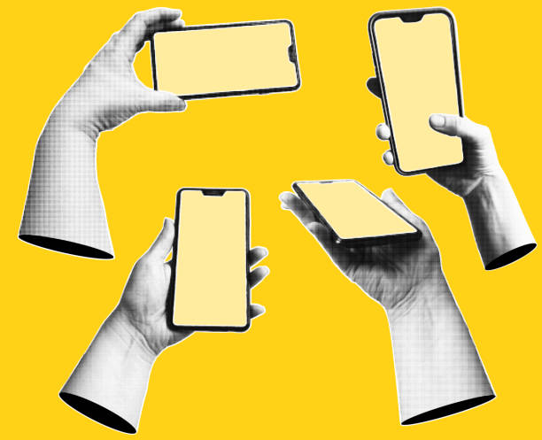 istock Collection of retro halftone hands holding smartphones with empty screens. Modern art halftone collage with human palms and mobile phones.  Vector  illustration. 2199960894
