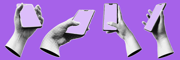 istock Collection of retro halftone hands holding smartphones with empty screens. Modern art halftone collage with human palms and mobile phones.  Vector  illustration. 2199960913