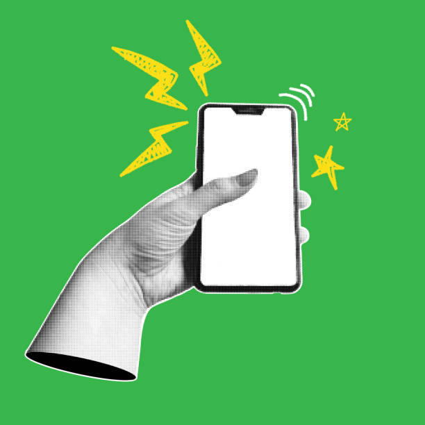 istock Human hand with a smartphone. Trendy collage banner with hand holding mobile phones. Modern art with halftone effects. Vector pop art illustration. 2199960988