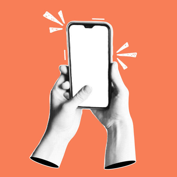 istock Human hands with a smartphone. Trendy collage banner with hand holding mobile phones. Modern art with halftone effects. Vector pop art illustration. 2199961037