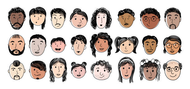 istock Set of funny faces with different hairstyles. Line vector illustration. 2199961453