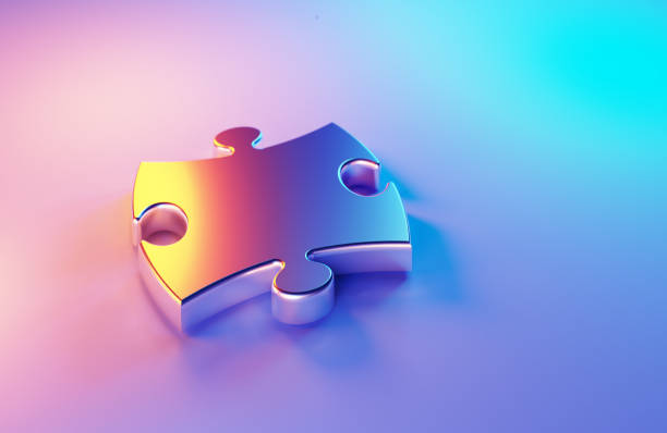 Jigsaw puzzle piece illuminated by blue and magenta lights on blue and magenta background. Horizontal composition.