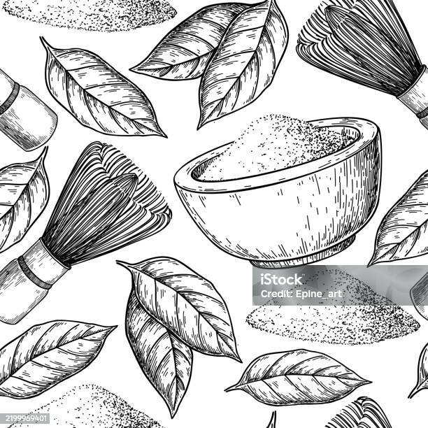 Mathcha Drawing Matcha Tea Seamless Pattern Background Vector Drawing Bowl With Matcha ...