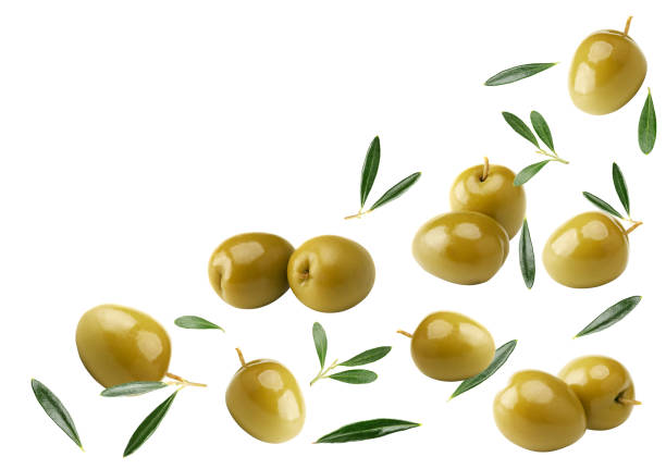istock green olives with green leaves isolated on white background. clipping path 2199970803