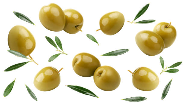istock green olives with green leaves isolated on white background. clipping path 2199970852