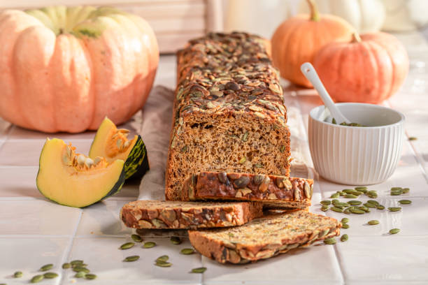 istock Healthy pumpkin bread with grains and sesame seeds. 2199971982