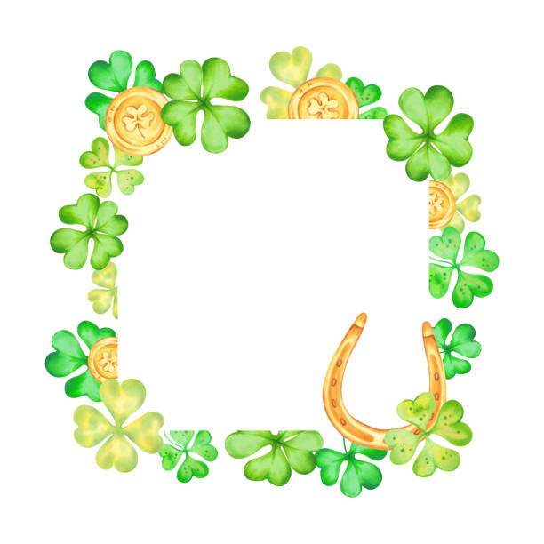 istock Clover leaf with gold coins and horseshoe for St. Patricks Day. Watercolor and marker illustrations. Botanical square frame with copy space. Hand drawn isolated art. Sketch of luck, profit, success 2199972315
