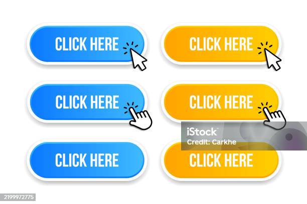 Click Here Web Buttons With Hand Cursor Set Of Action Button With Arrow ...