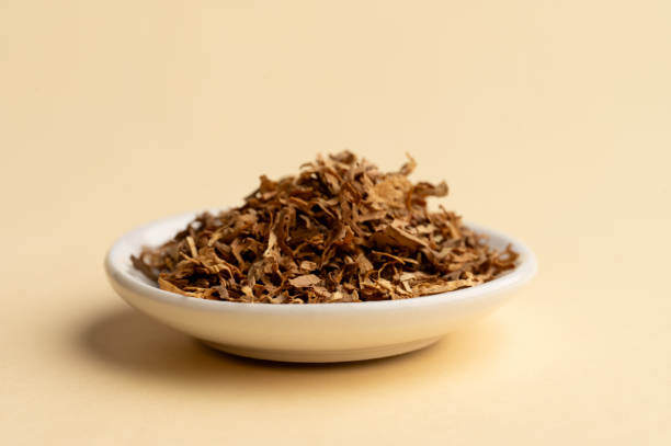 istock Shredded tobacco in white bowl on beige background 2199974273
