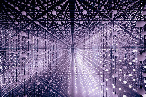 Abstract scene with vanishing perspective many white spotlights shining bright