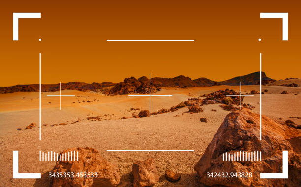 Red planet landscape through viewfinder. Cosmic scene background.