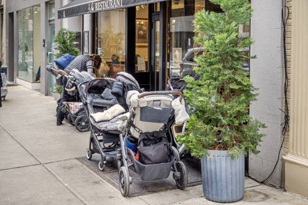 Madison Avenue, New York, United States - January 19th 2025:  Bunch of empty baby strollers parked outside a cafe, which is a sight you only see in the more wealthy parts of the large city
