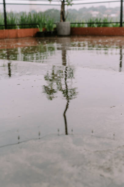 istock Ephemeral reflections, a rainy day terrace mirroring the sky and foliage 2199988911