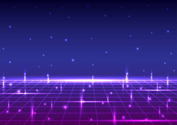 istock Digital retro technology in dark background. Futuristic 80s 90s cyberpunk concept. Design for wireframe, abstract, neon, light, grid, landscapes, retro, illustration. 2199989716