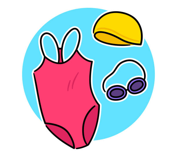 Swimsuit, swimming cap and goggles doodle drawing One-piece swimsuit, swimming cap and goggles hand drawn doodle icon. Bright cartoon swimming accessories. Simple drawing, vector clip art illustration. cartoon of a swimming goggles stock illustrations