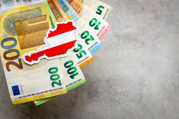 istock Austrian money and national emblem, Gray background, copy space, flat lay, Financial background, Euro banknotes, close up 2199993447