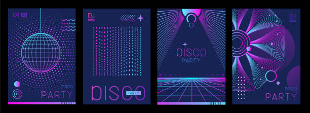 istock Set of retro futuristic holographic disco party posters, covers or banners with different geometric shapes. Fluorescent disco background. Flat design. Vector illustration 2199993453