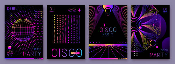 istock Set of retro futuristic holographic disco party posters, covers or banners with different geometric shapes. Fluorescent disco background. Flat design. Vector illustration 2199994526