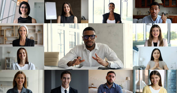 istock Team leader make speech during virtual meeting with company members 2200007108