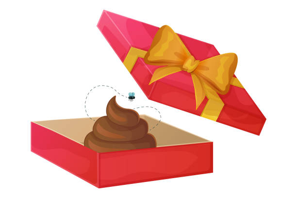 Opened red gift box with yellow ribbon containing a cartoon poop and a flying fly. Humor and prank concept for design and print. Opened red gift box with yellow ribbon containing a cartoon poop and a flying fly. Digital illustration on white background. Humor and prank concept for design and print. Bad gift concept. crazy shit stock illustrations