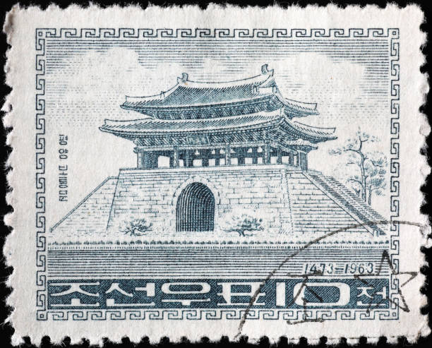 Ancient temple on vintage korean postage stamp