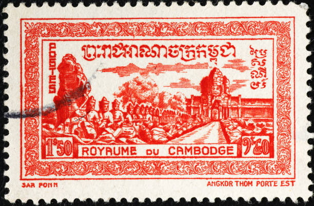 istock Angkor Thom temple on vintage cambodian stamp 2200009765