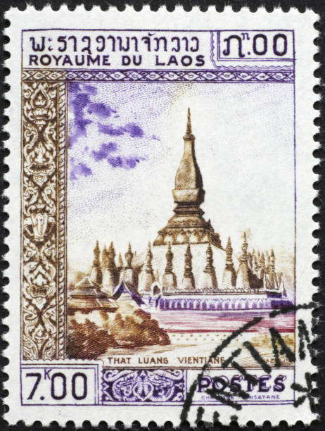 istock Antique temple on laotian postage stamp 2200009842