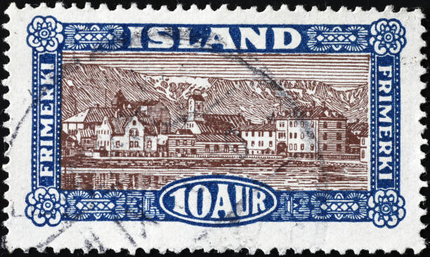 istock Ancient icelandic postage stamp with a village 2200010195
