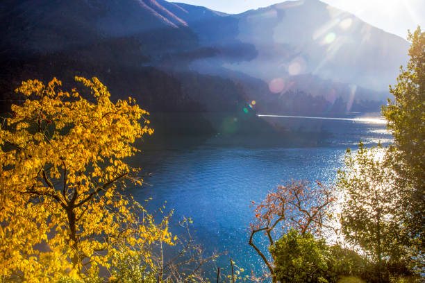 Autumn leaf colr on Lake LUGANO- Swiss Alps on oter side of lake?  Sunny stunning day in late autumn!!  View from Olive trail