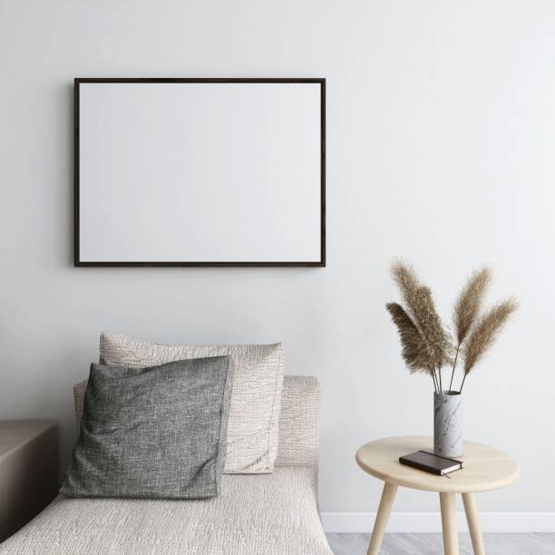 istock Horizontal frame mockup with beige armchair and table with ornamental plant 2200013669