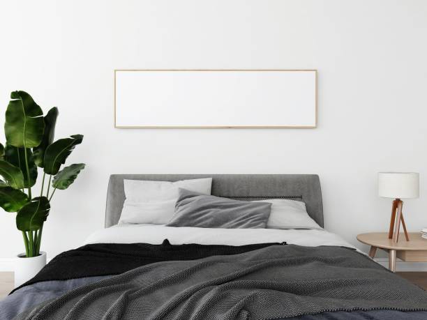 istock Bedroom with horizontal frame mockup, large bed and interior decoration with lamp and ornamental plant 2200013751