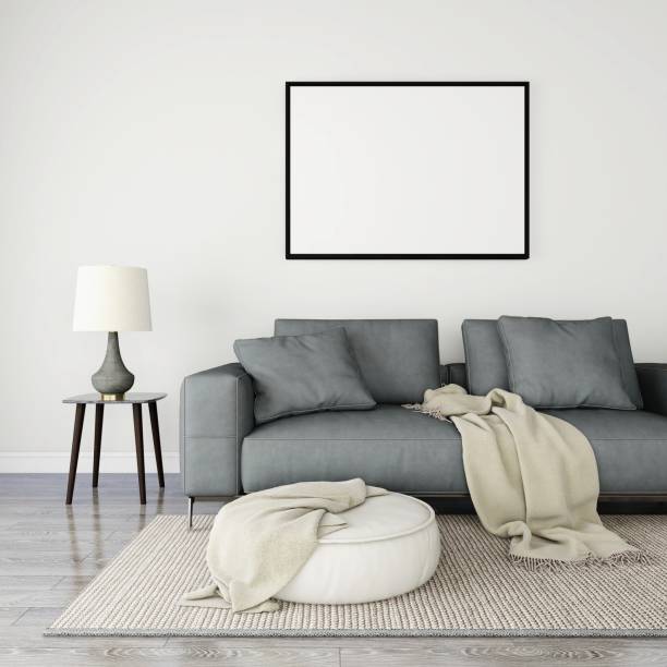 istock Living room with a blank horizontal frame mockup, gray sofa, lamp and ottoman 2200013813