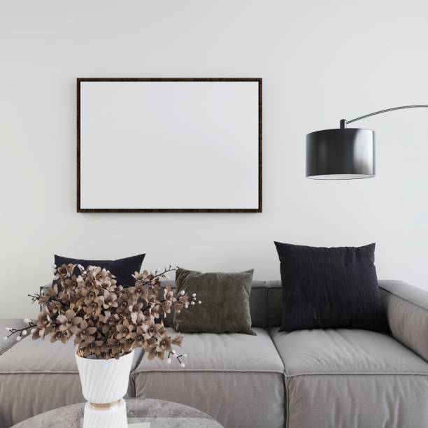 istock Living room with horizontal frame mockup, modern sofa and interior decoration with ornamental plant and floor lamp 2200013874