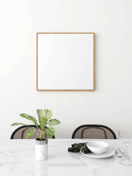 istock Dining room with square frame mockup, ornamental plant, chairs and decor 2200013979