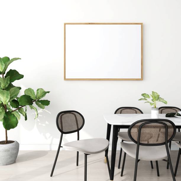 istock Dining room with horizontal frame mockup, ornamental plants, chairs and decor 2200013987
