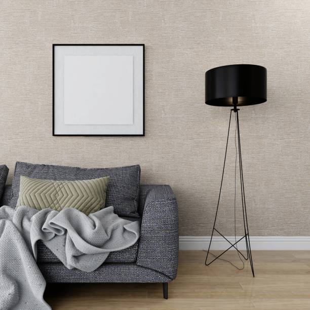istock Living room with square frame mockup, gray sofa and floor lamp 2200014015