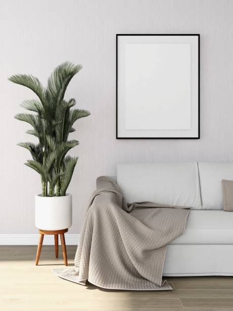 istock Living room with vertical frame mockup, white sofa and ornamental plant 2200014022