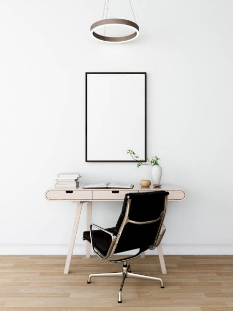 istock Study room with vertical frame mockup, lamp, modern chair and decorations 2200014138