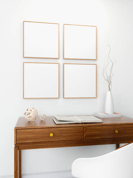 istock Study room with mockup of four square frames, lamp and decoration 2200014140