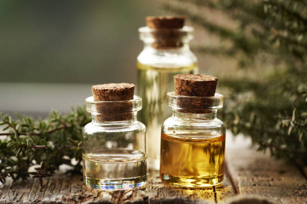 istock Bottles of thyme essential oil with fresh thyme 2200015551