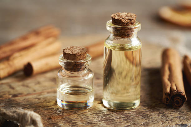 istock Two bottles of essential oil with cinnamon sticks 2200015600