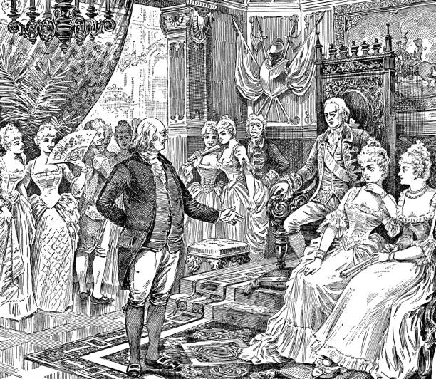 Benjamin Franklin at the Court of King Louis XVI in Versailles, France - 18th Century Benjamin Franklin at the court of king Louis XVI in Versailles, France (circa 1778). Vintage etching circa 19th century. palace of versailles stock illustrations