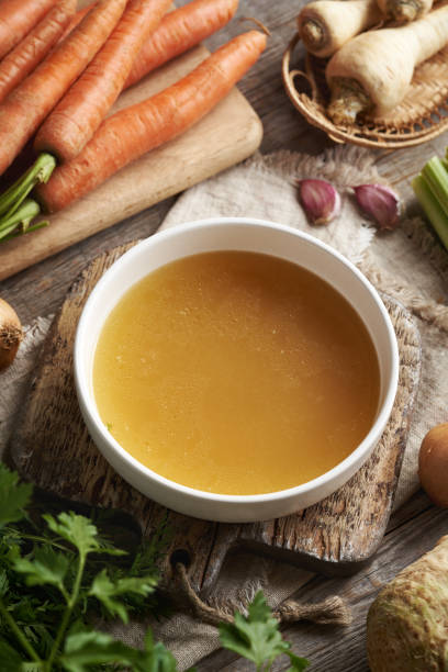 istock Chicken bone broth in a white soup bowl 2200016273