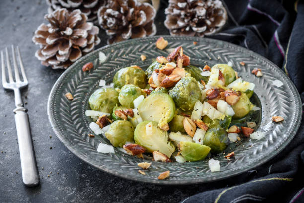 Served Roast Brussels Sprouts with Almond