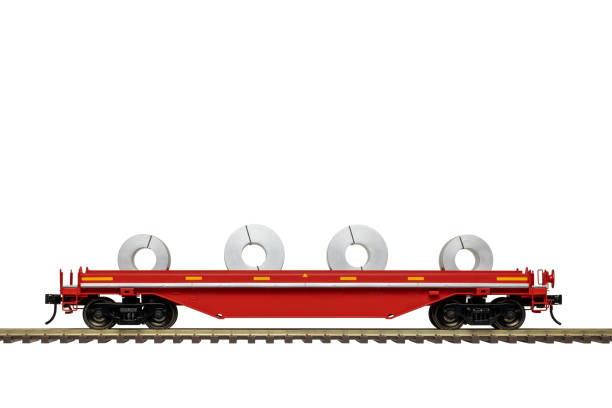 A red uncovered steel coil railroad freight car on track.