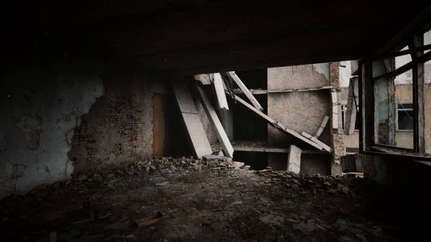 Digitally generated (without the use of any A.I. tools or technologies) image that depicts a desolate interior of a building showing significant collapse and scattered rubble, emphasizing urban decay and abandonment. The dark atmosphere and crumbled walls create a reflection of destruction, neglect, and ruins. A window on the side frames additional views of the collapsed structure.\n\nThe scene was created in Autodesk® 3ds Max 2025 with V-Ray 7 and rendered with photorealistic shaders and lighting in Chaos® Vantage with some post-production added.