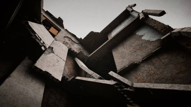 Damaged Building Structure with Fallen Concrete Debris Depicting Urban Ruin and Devastation