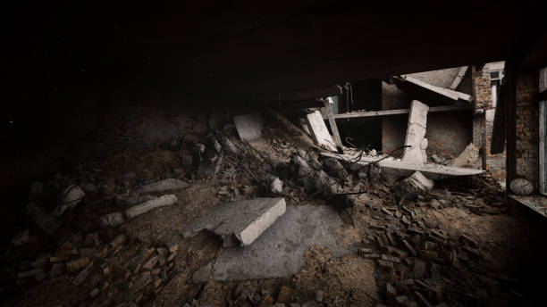 Digitally generated (without the use of any A.I. tools or technologies) image that portrays a devastated building interior, with rubble, broken bricks, and concrete slabs collapsed in disarray. It captures the aftermath of destruction, evoking a sense of disaster and abandonment. The lighting enhances the shadows and textures of the ruins, encapsulating the scene's somber atmosphere.The scene was created in Autodesk® 3ds Max 2025 with V-Ray 7 and rendered with photorealistic shaders and lighting in Chaos® Vantage with some post-production added.