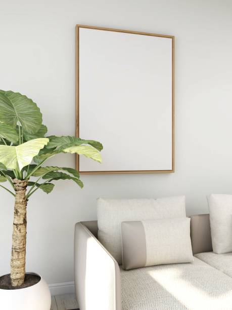 istock Living room with blank vertical frame mockup, beige sofa and plant 2200051054